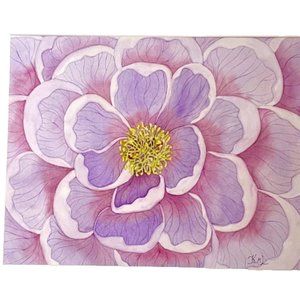 PAINTING WATERCOLOR ORIGINAL ART PEONY FLOWER LAVENDER PURPLE 11X14 & MAT 16X20